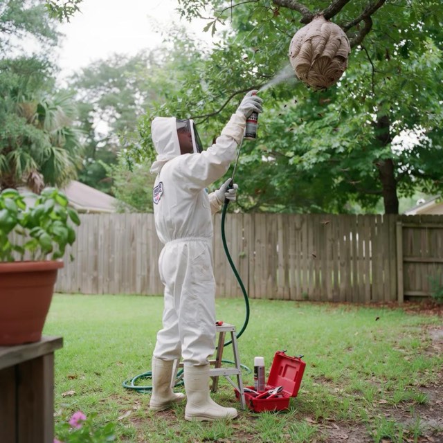 Pest Control Green Bay Wisconsin technician treating a wasp nest